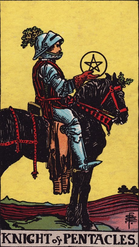 Lá Knight of Pentacles (Kỵ Sĩ Tiền) trong bộ Rider–Waite–Smith 1909