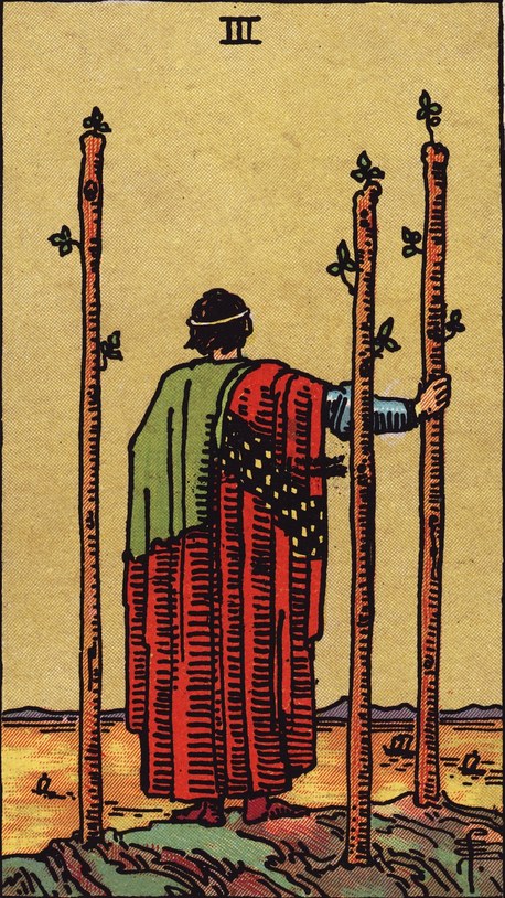 Lá Three of Wands (Ba Gậy) trong bộ Rider–Waite–Smith 1909