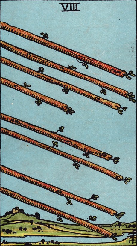 Lá Eight of Wands (Tám Gậy) trong bộ Rider–Waite–Smith 1909