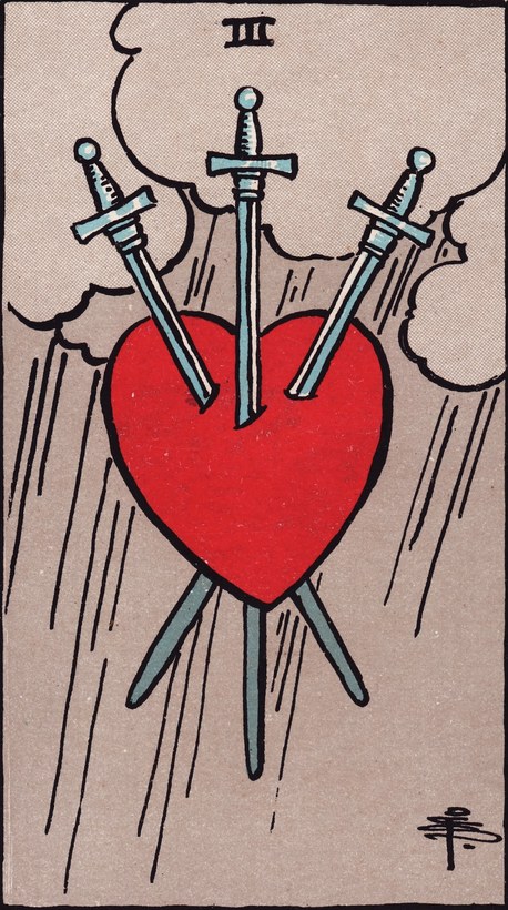 Lá Three of Swords (Ba Kiếm) trong bộ Rider–Waite–Smith 1909