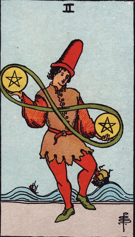 Lá Two of Pentacles (Hai Tiền) trong bộ Rider–Waite–Smith 1909