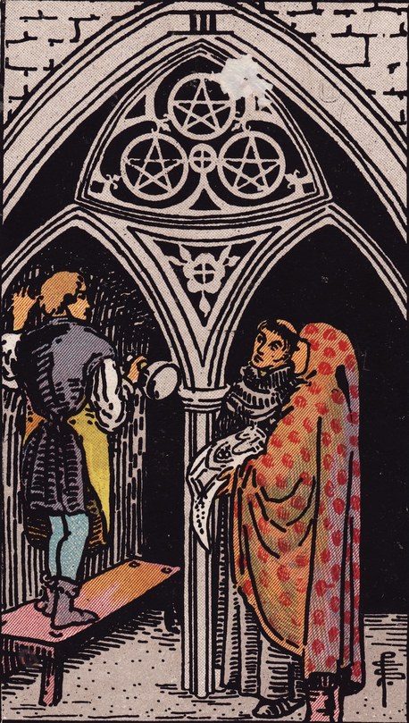 Lá Three of Pentacles (Ba Tiền) trong bộ Rider–Waite–Smith 1909