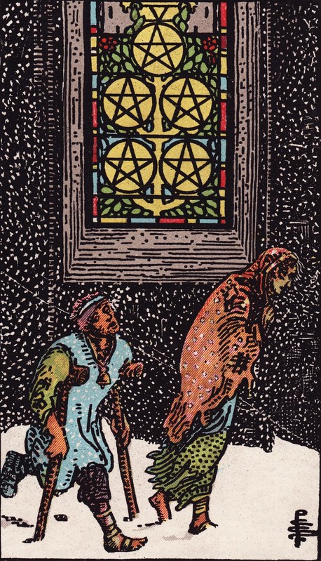 Lá Five of Pentacles (Năm Tiền) trong bộ Rider–Waite–Smith 1909