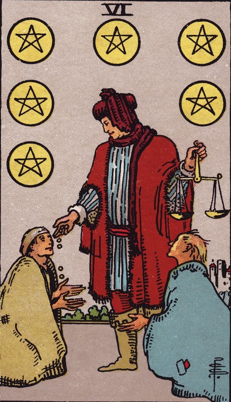 Lá Six of Pentacles (Sáu Tiền) trong bộ Rider–Waite–Smith 1909