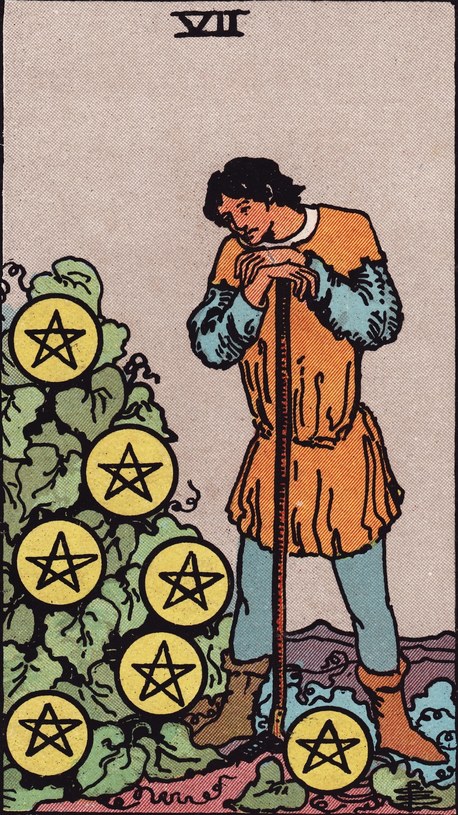 Lá Seven of Pentacles (Bảy Tiền) xuôi