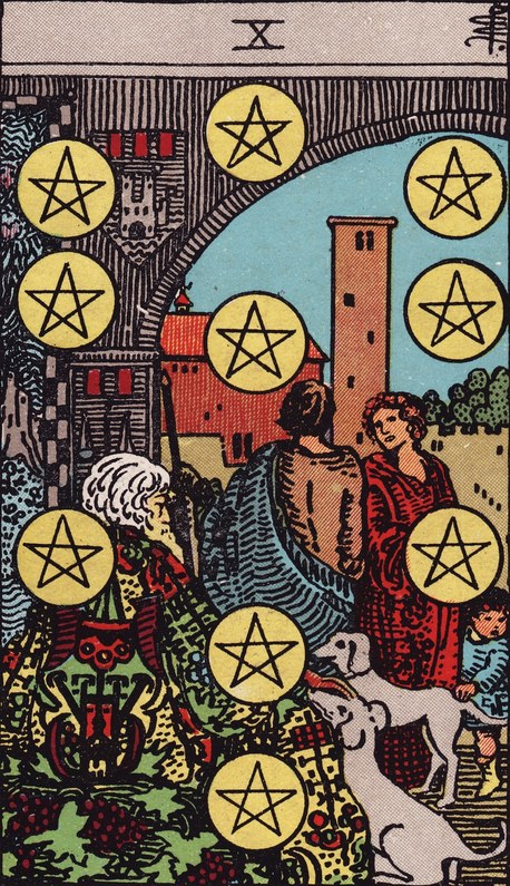 Lá Ten of Pentacles (Mười Tiền) trong bộ Rider–Waite–Smith 1909